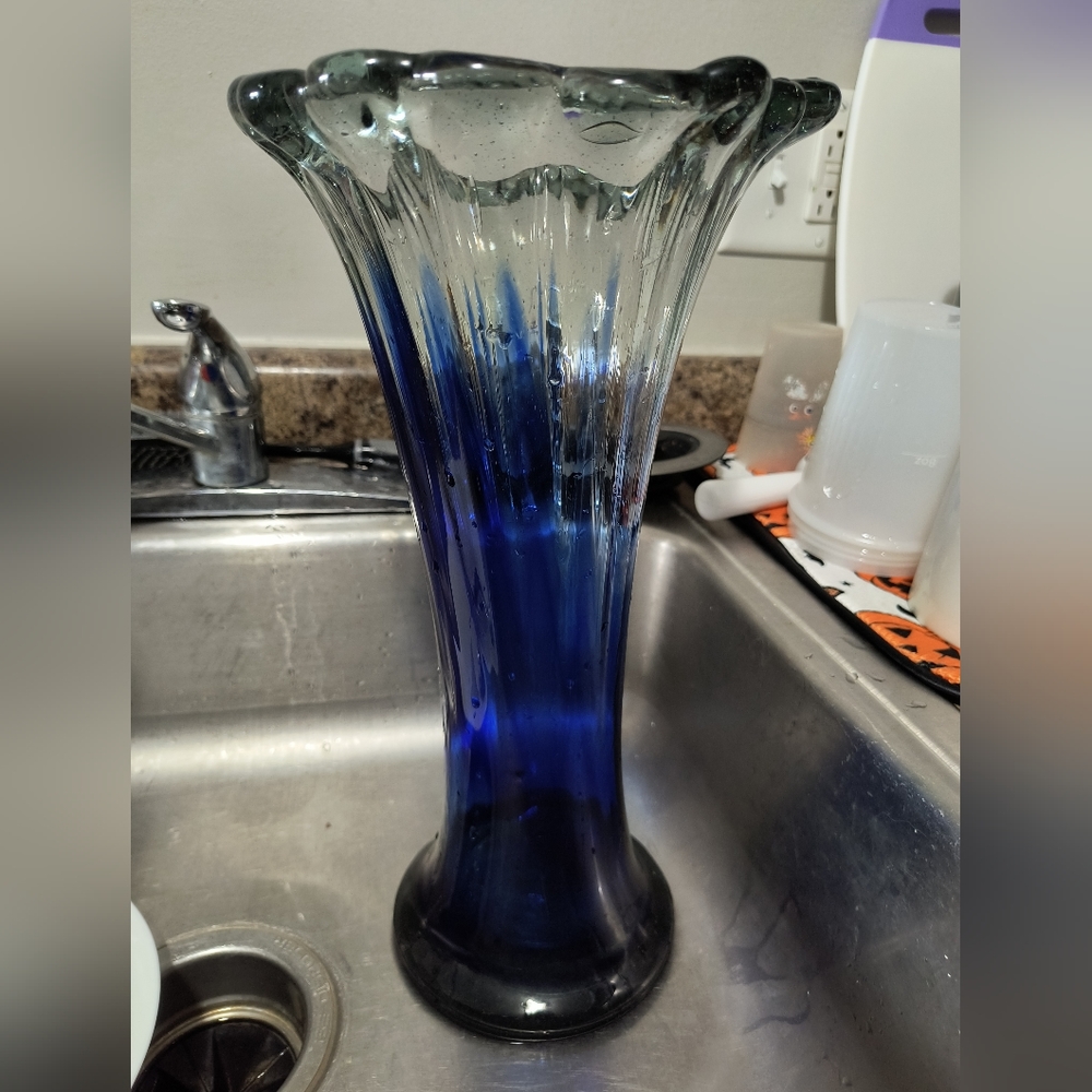 Vintage Murano style blue and clear vase